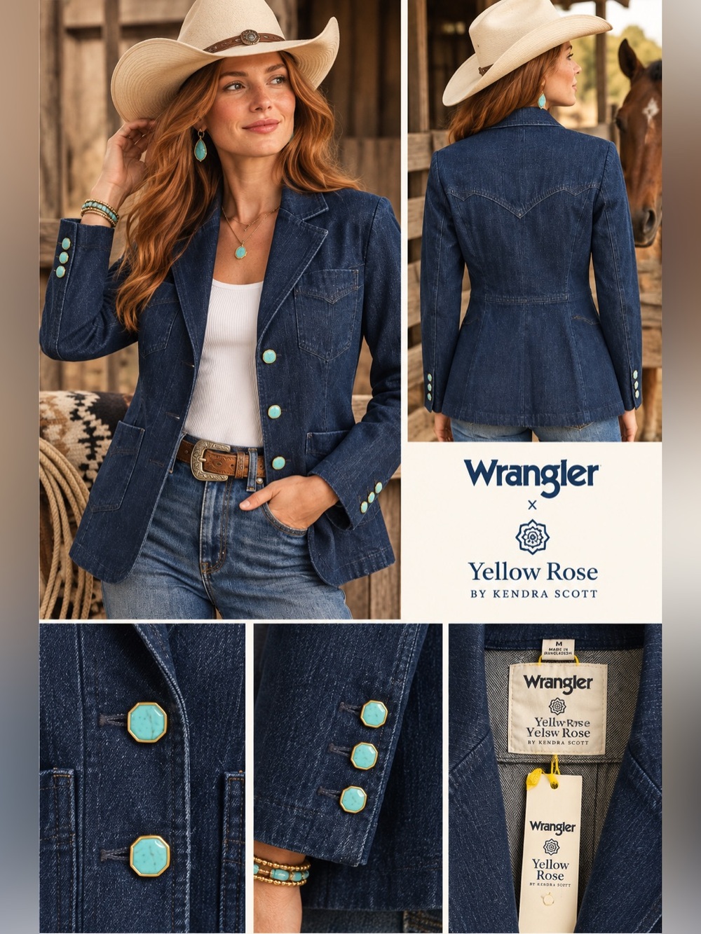 NWT Wrangler x Yellow Rose Kendra Scott 70s Fitted Denim Blazer M Turquoise